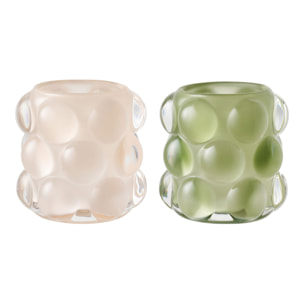 Set 2 portacandele in vetro beige e verde con texture a bolle ø8,5x8 cm