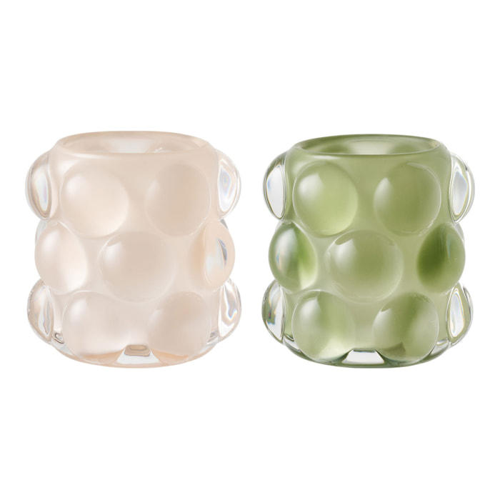 Set 2 portacandele in vetro beige e verde con texture a bolle ø8,5x8 cm