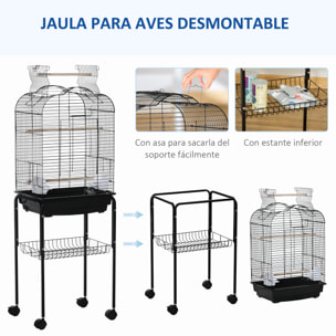 Jaula para Pájaros con Soporte Jaula de Aves Canarios con 4 Ruedas Techo Abrible 2 Comederos 3 Perchas Bandeja Extraíble y Estante Inferior 46x36x130 cm Negro