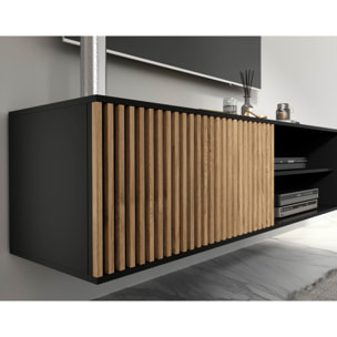 Savanna - meuble TV suspendu - effet bois et noir - 2 niches et 1 porte - 150 cm - Bois / Noir