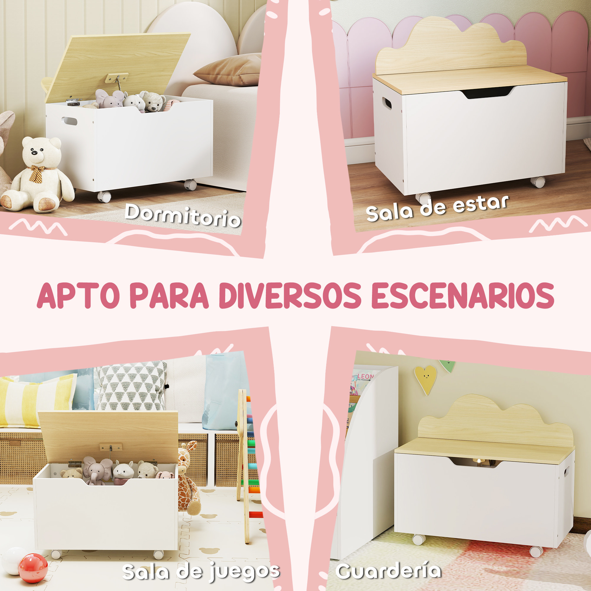 Caja de Almacenaje de Juguetes con Ruedas, Baúl Juguetes Infantil con Tapa Abatible con Bisagra de Seguridad, Diseño de Nube, para Dormitorio, Sala de juegos, Guardería, Blanco y Natural