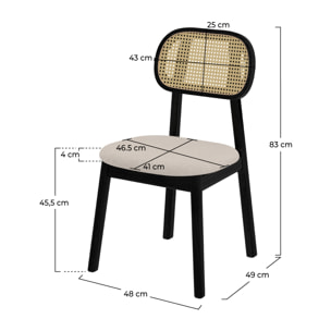 Lot de 2 chaises en bois noir, tissu beige et rotin synthétique - Maria