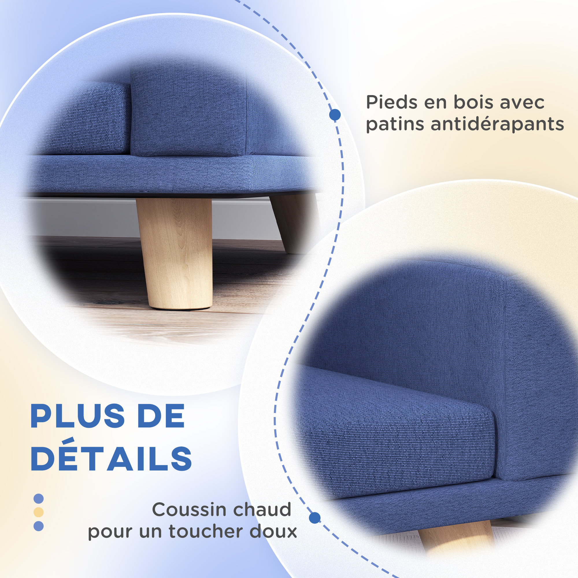 Canapé chien lit pour chien design scandinave coussin déhoussable dim 98L x 67l x 25H cm pieds bois tissu polyester bleu