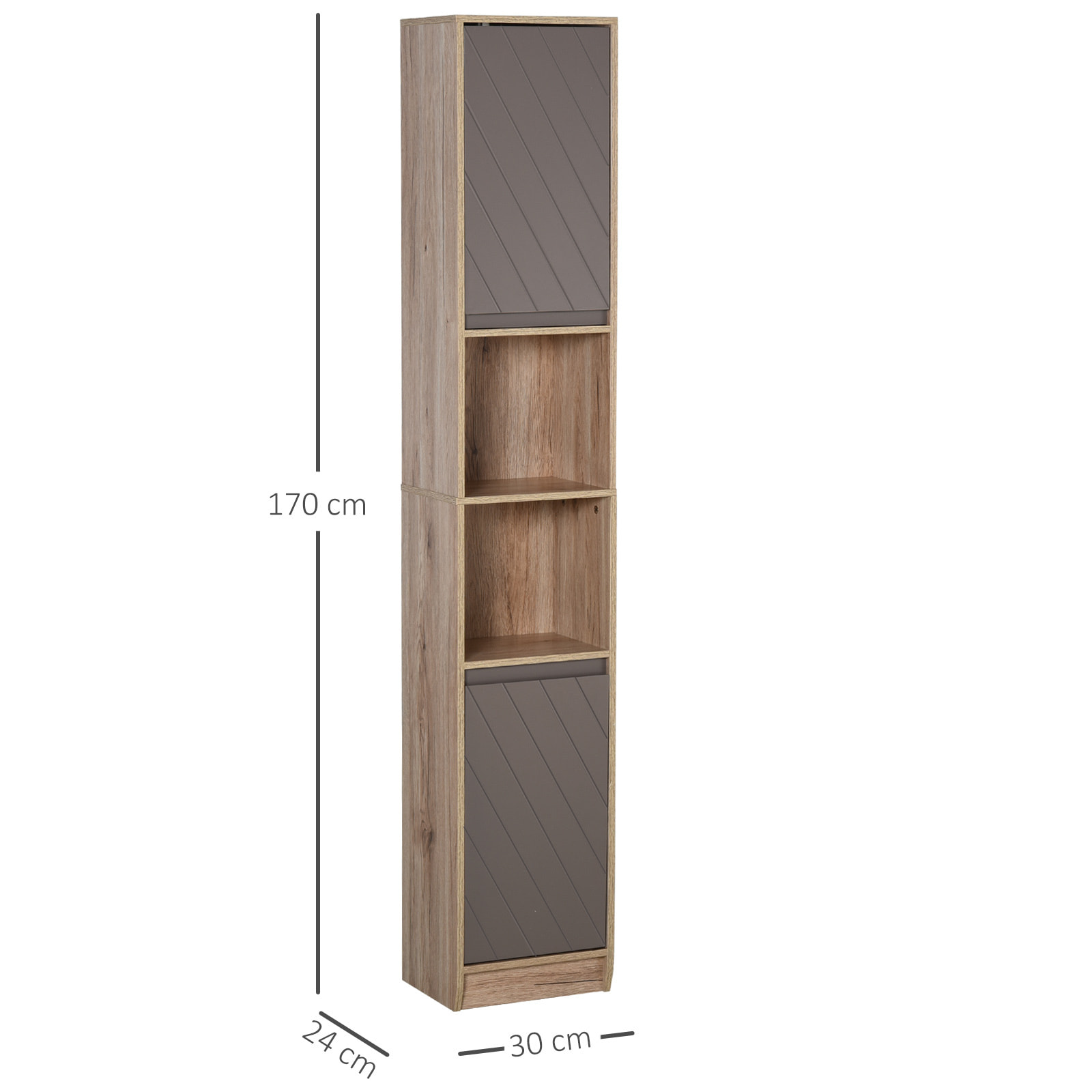 Armario Alto para Baño Columna de Baño con 2 Puertas y 2 Estantes Abiertos Mueble Auxiliar de Almacenaje para Salón Recibidor 30x24x170 cm Roble y Gris