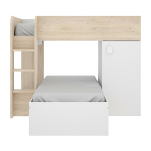 Letto per bambini Marmolada, Cameretta completa con armadio e cassetti, Composizione letto a castello con due lettini singoli, 255x112h150 cm, Bianco e Rovere