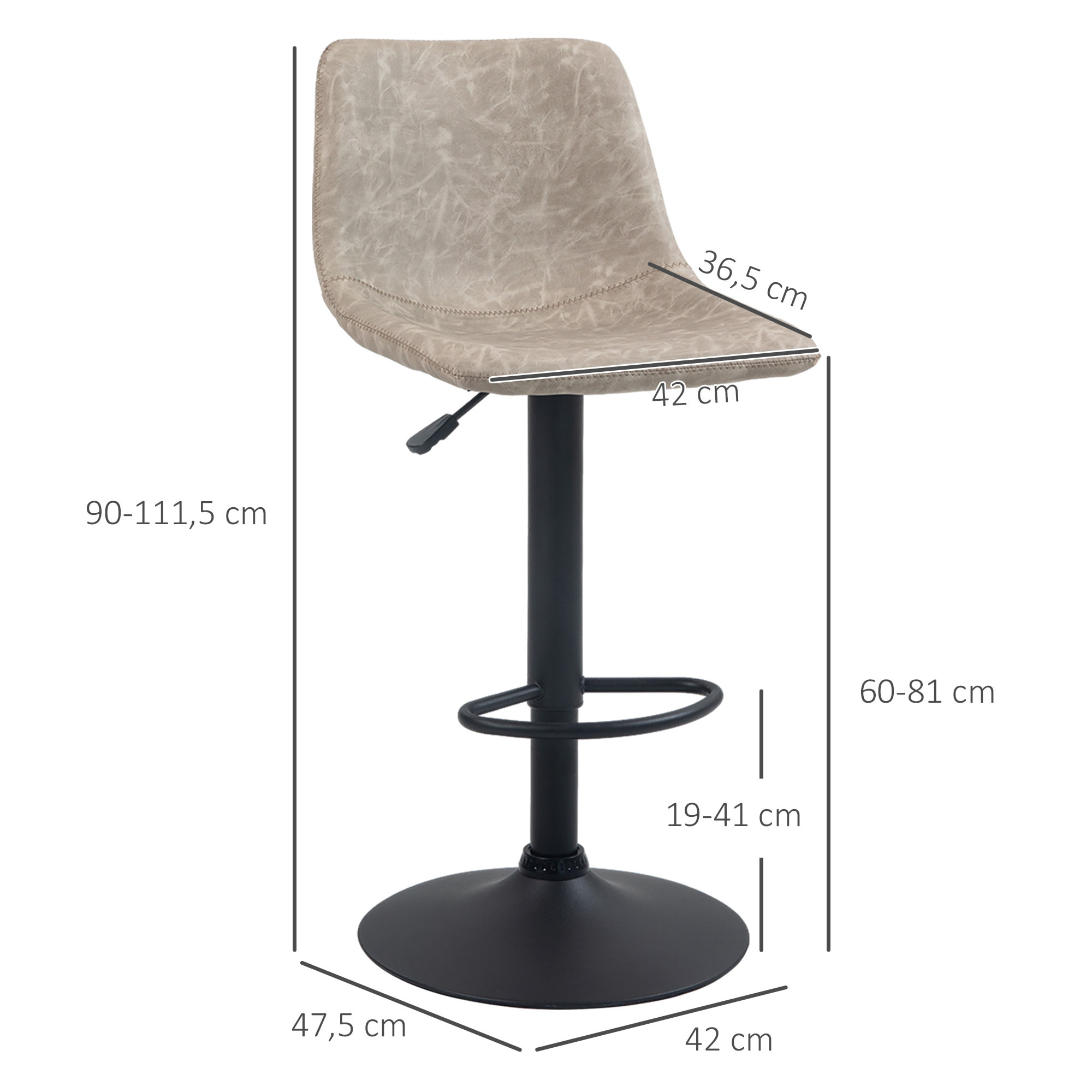 Lot de 2 tabourets de bar Vintage hauteur réglable pivotant avec repose-pied PU avec surpiqûres beige
