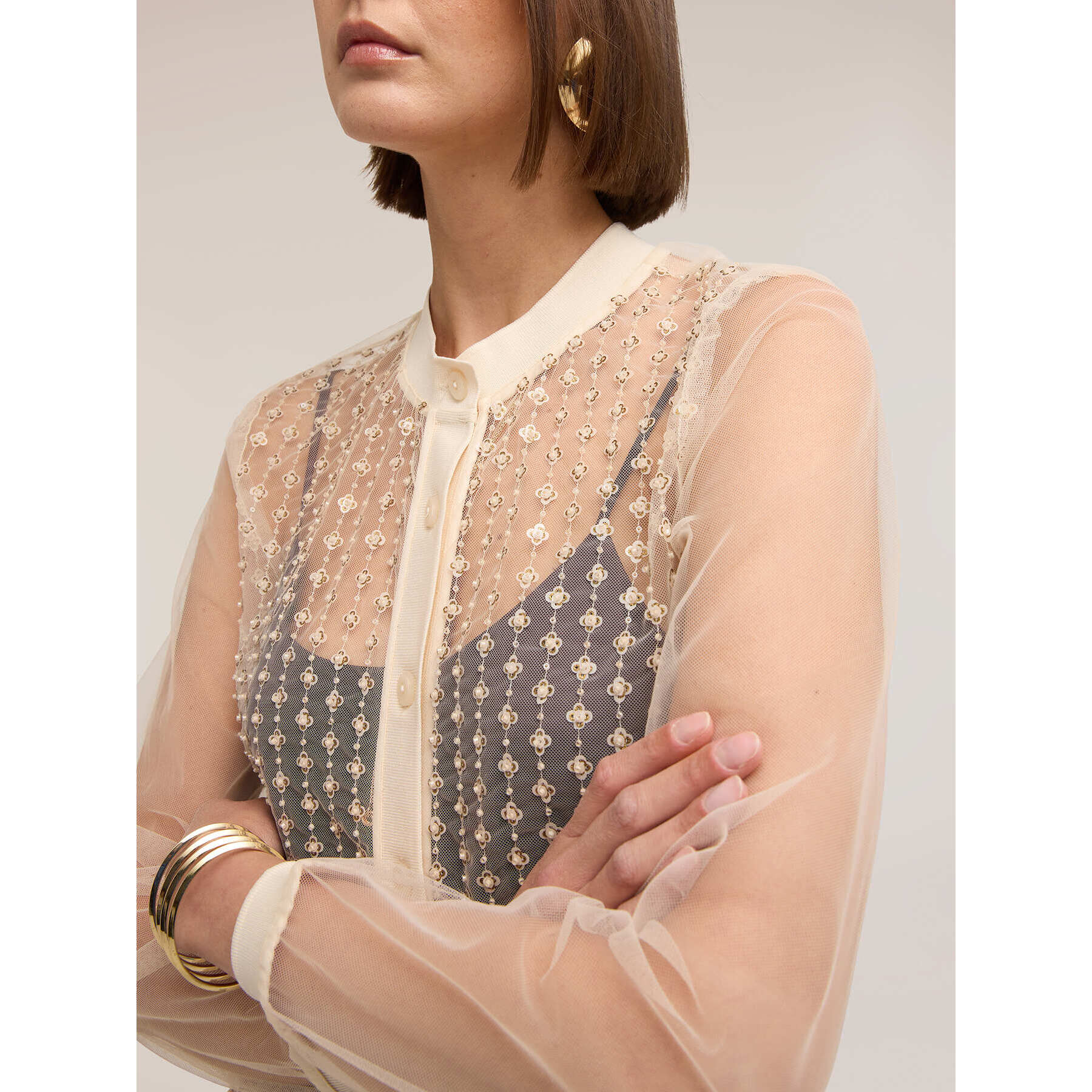 Motivi - Camisa de tul con bordado joya - Beige