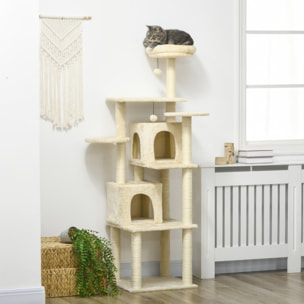 Arbre à chat modulable - griffoirs, 2 niches, 4 plateformes, 2 boules suspendues - peluche douce beige