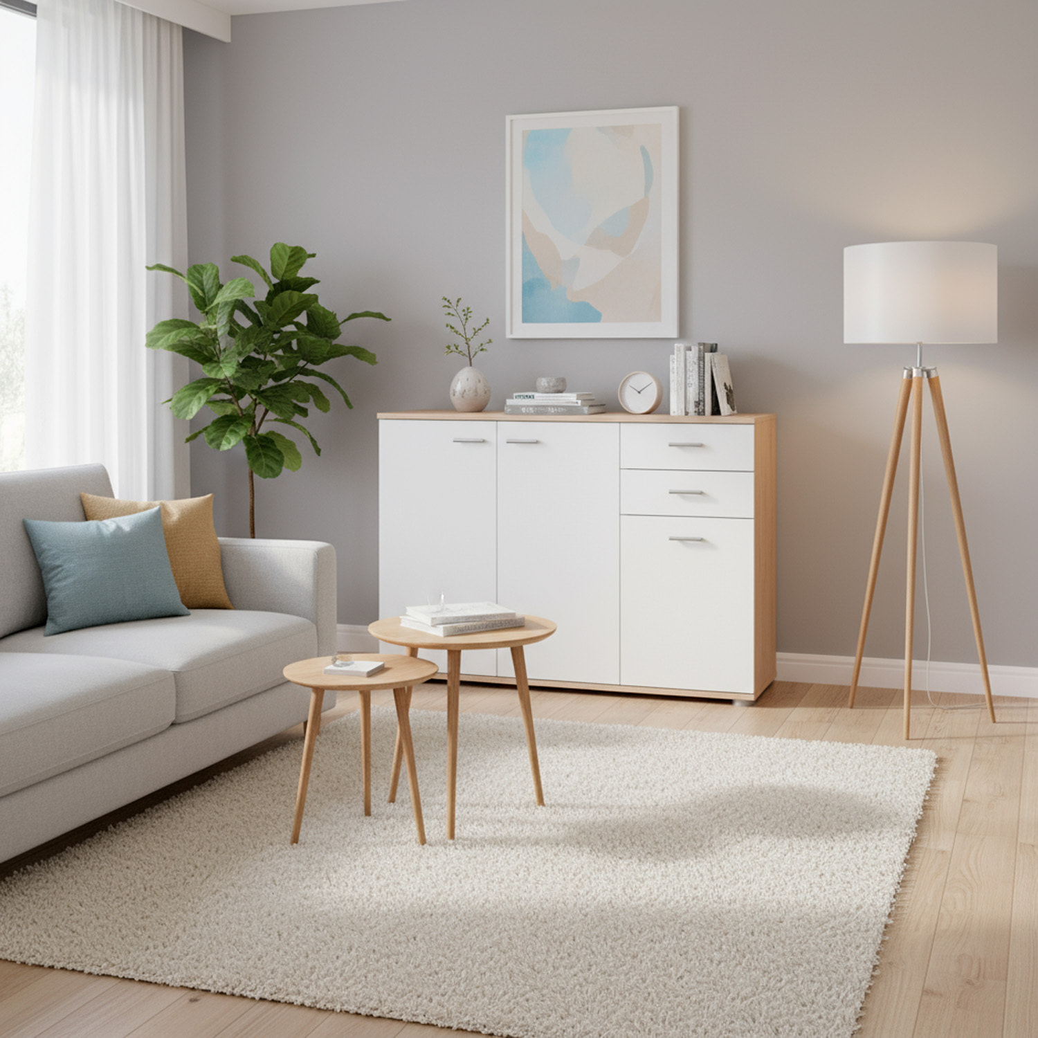 Credenza 3 Ante E 2 Cassetti Credenza Soggiorno Cucina Madia Moderna Multi Spazio Mobile Credenza in Legno Itaca 103 X 70 x 35 Cm Bianco e Rovere