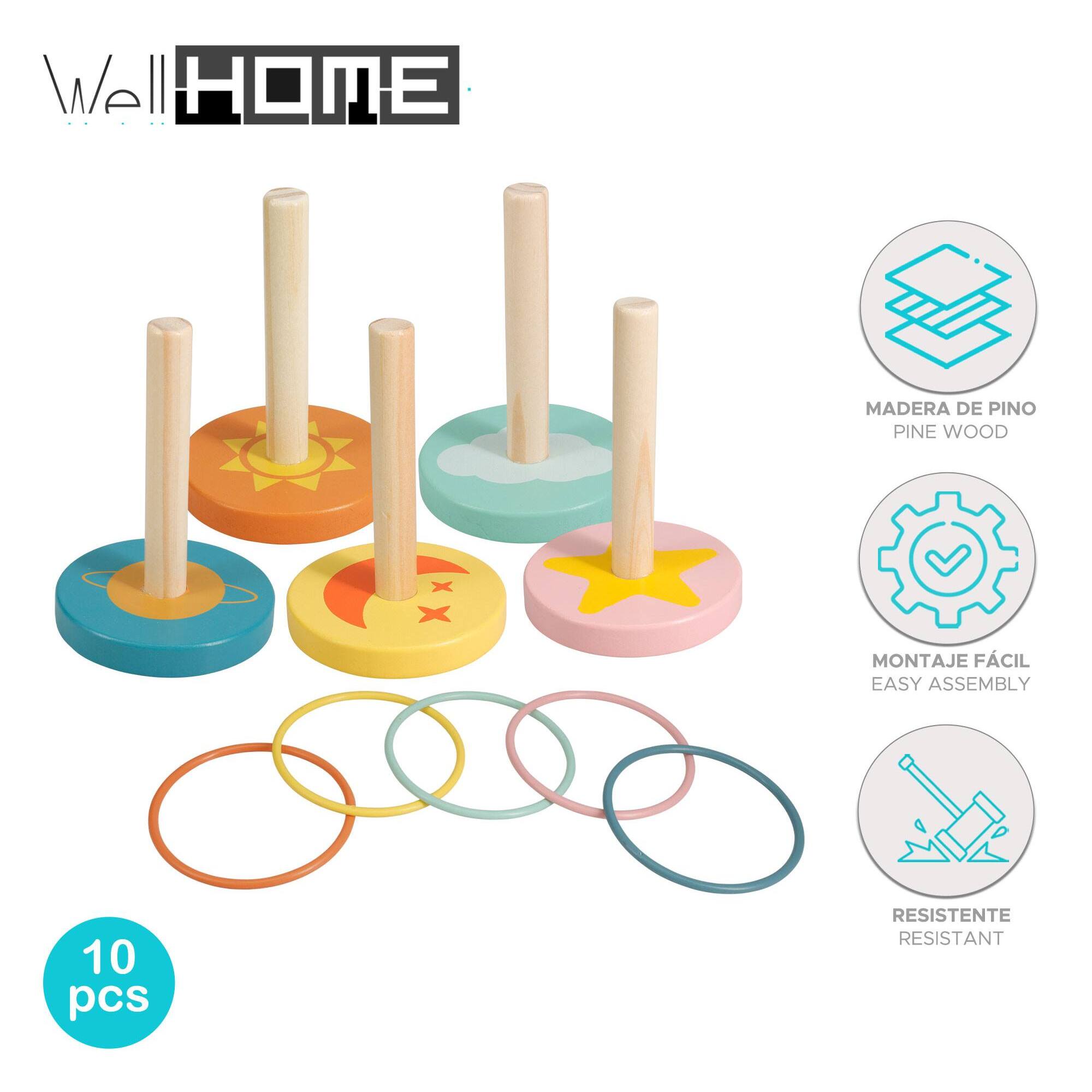 Well Home Juego de Lanzamiento del Anillo en madera con 5 soportes y 5 Anillos de plástico
