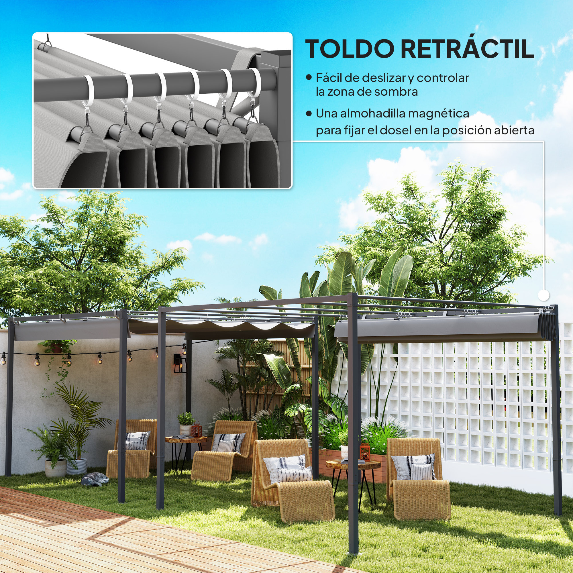Pérgola con Techo Retráctil Pérgola de 3x3 m Cenador de Pared o Independiente con Cierre Magnético Protección UV30+ Pabellón para Jardín Patio Terraza Exterior Gris