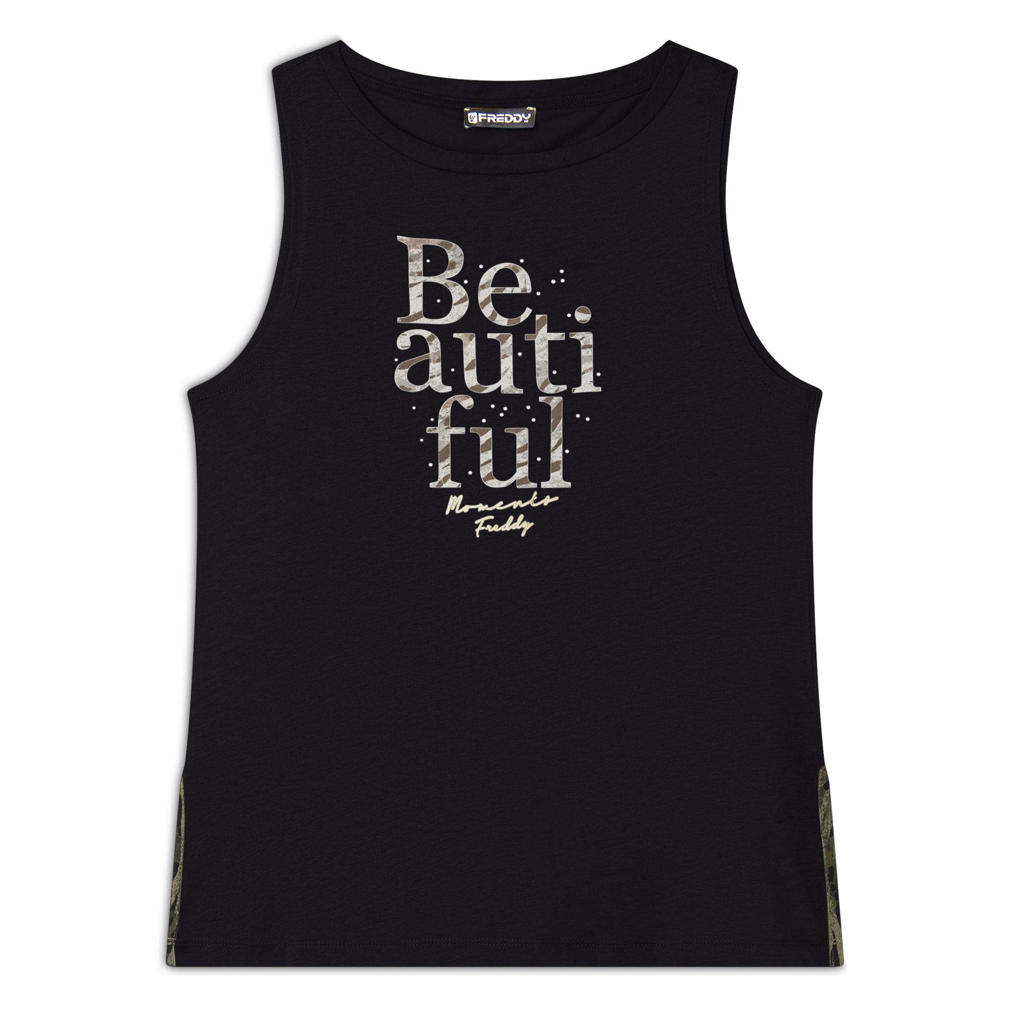 Canotta con fondo svasato e grafica con borchie