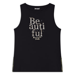 Canotta con fondo svasato e grafica con borchie