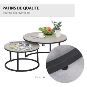 Lot de 2 tables basses rondes gigogne empilables plateau MDF gris et pieds en métal noir