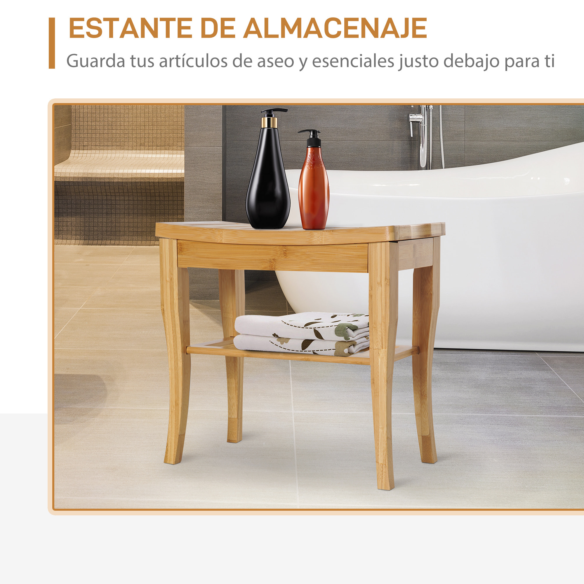 Taburete de Baño de Bambú con Estante de Almacenamiento Banco de Baño Antideslizante Impermeable y Robusta Taburete de Ducha para Hogar Salón Dormitorio SPA 47,5x26x44,5 cm Natural