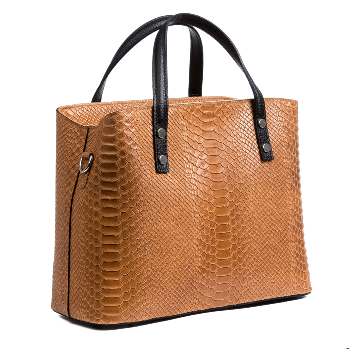 FIRENZE ARTEGIANI Borsa Tote Vittoria da Donna. Vera Pelle Scamosciata Incisione Serpente Made in Italy 32x14x25 Cm. Marrone chiaro