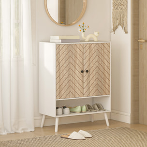 Zapatero de 2 Puertas con Diseño en Espiga, Zapatero Entrada Recibidor con Estantes Ajustables, Compartimento Abierto, para 15 Pares de Zapatos, 75x35x97 cm, Blanco y Natural