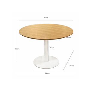 Table de repas ronde 110 cm plaqué chêne et pied métal blanc - FABIO