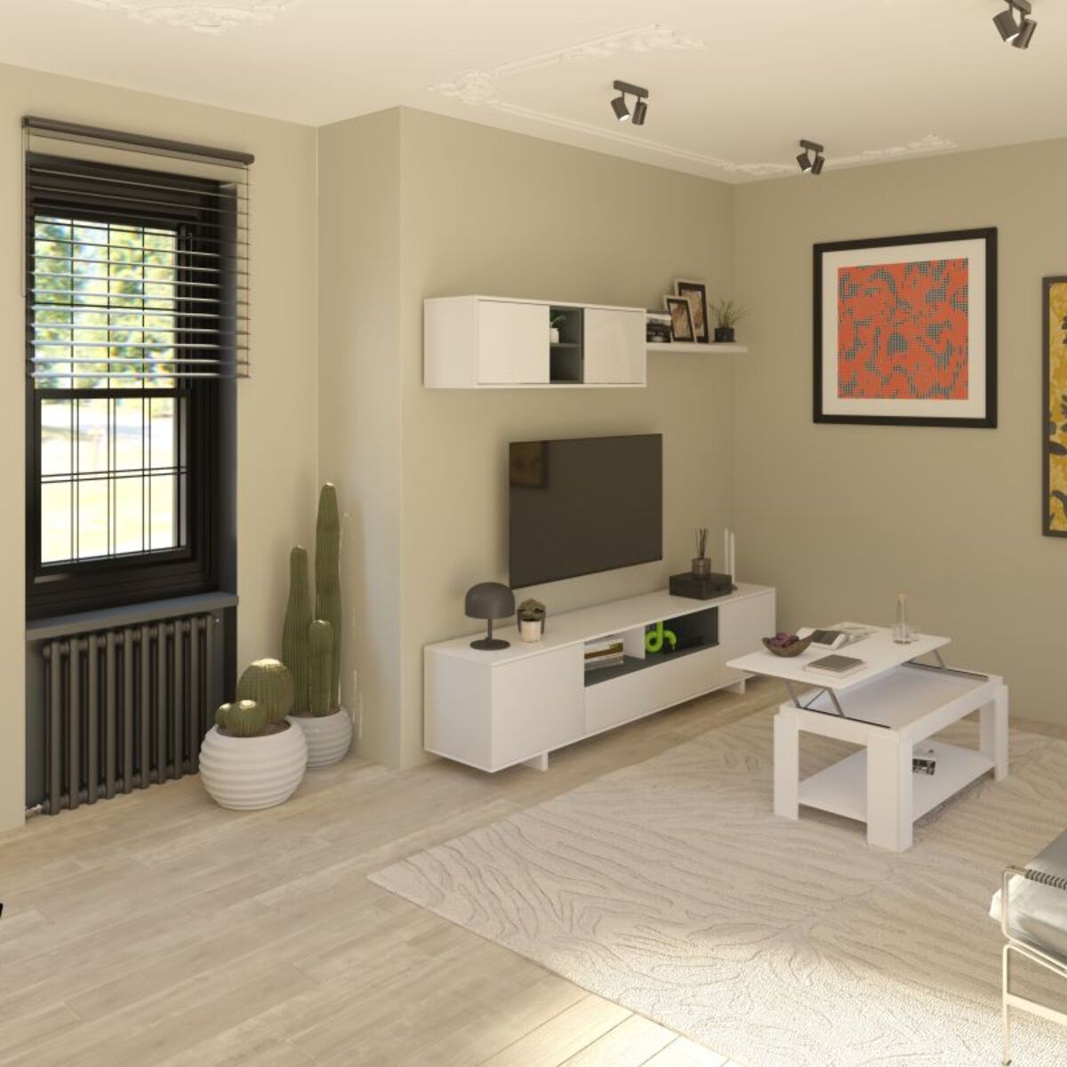 Pack salón con mesa de centro Kenzo Plus V1 Blanco Brillo - Gris Antracita