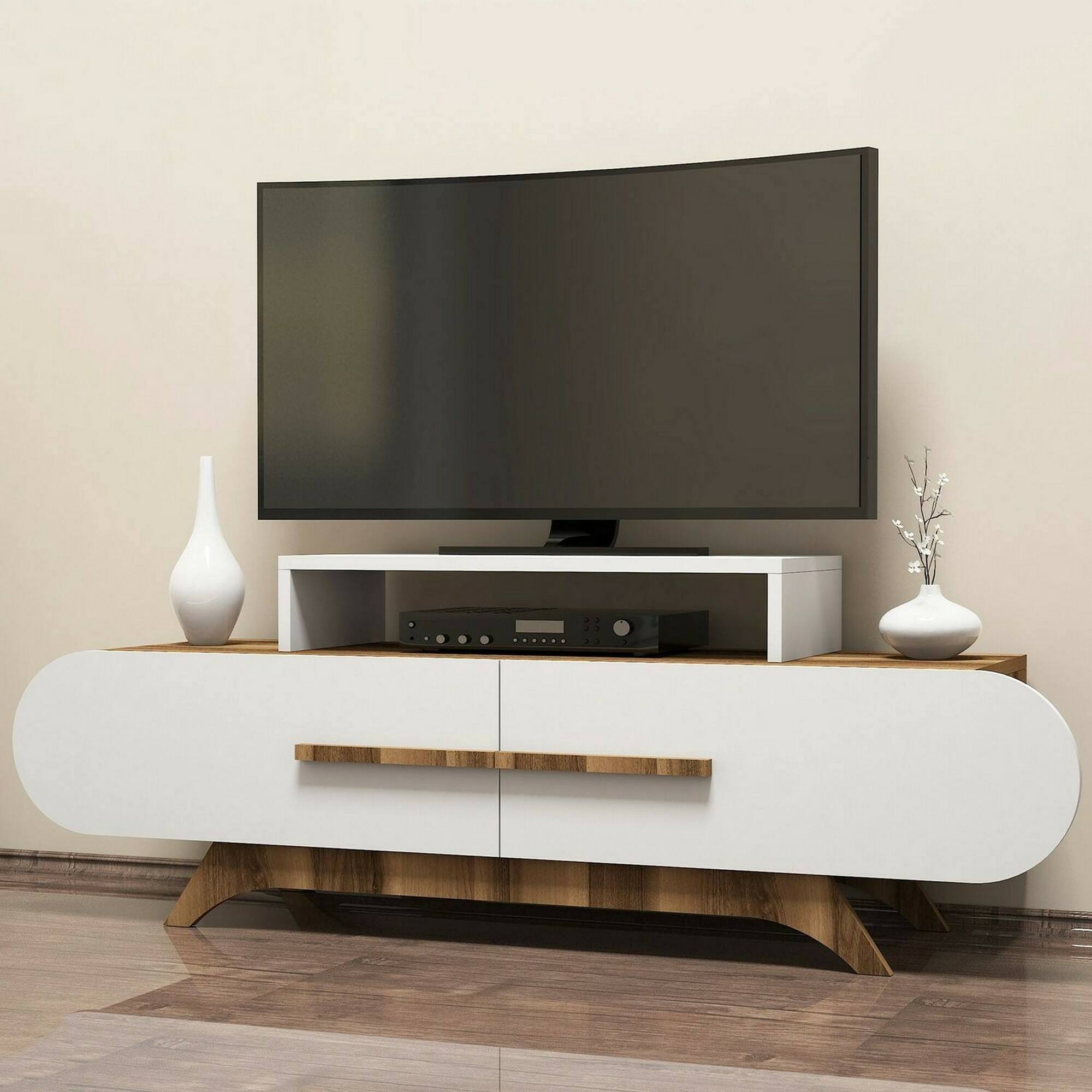 Mobile porta TV Dkastano, Credenza da soggiorno, Armadio basso per TV, Base parete attrezzata, 145x37h50 cm, Noce e Bianco