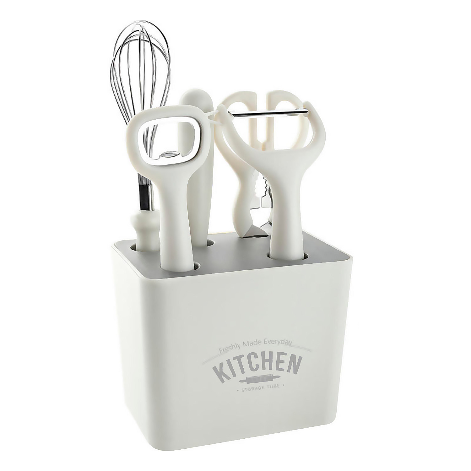 Juego de 5 utensilios de cocina multifuncionales con soporte de almacenamiento, incluye cuchillo, mezclador, tijeras, abrelatas y pelador.