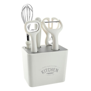 Juego de 5 utensilios de cocina multifuncionales con soporte de almacenamiento, incluye cuchillo, mezclador, tijeras, abrelatas y pelador.