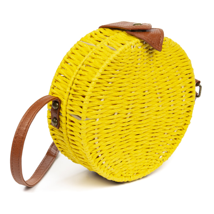IRIA QUINTANA Borsa a tracolla da donna Cuneo. Tessuto Paglia Pelle Sintetica PU 18x4x18 Cm. Colore giallo