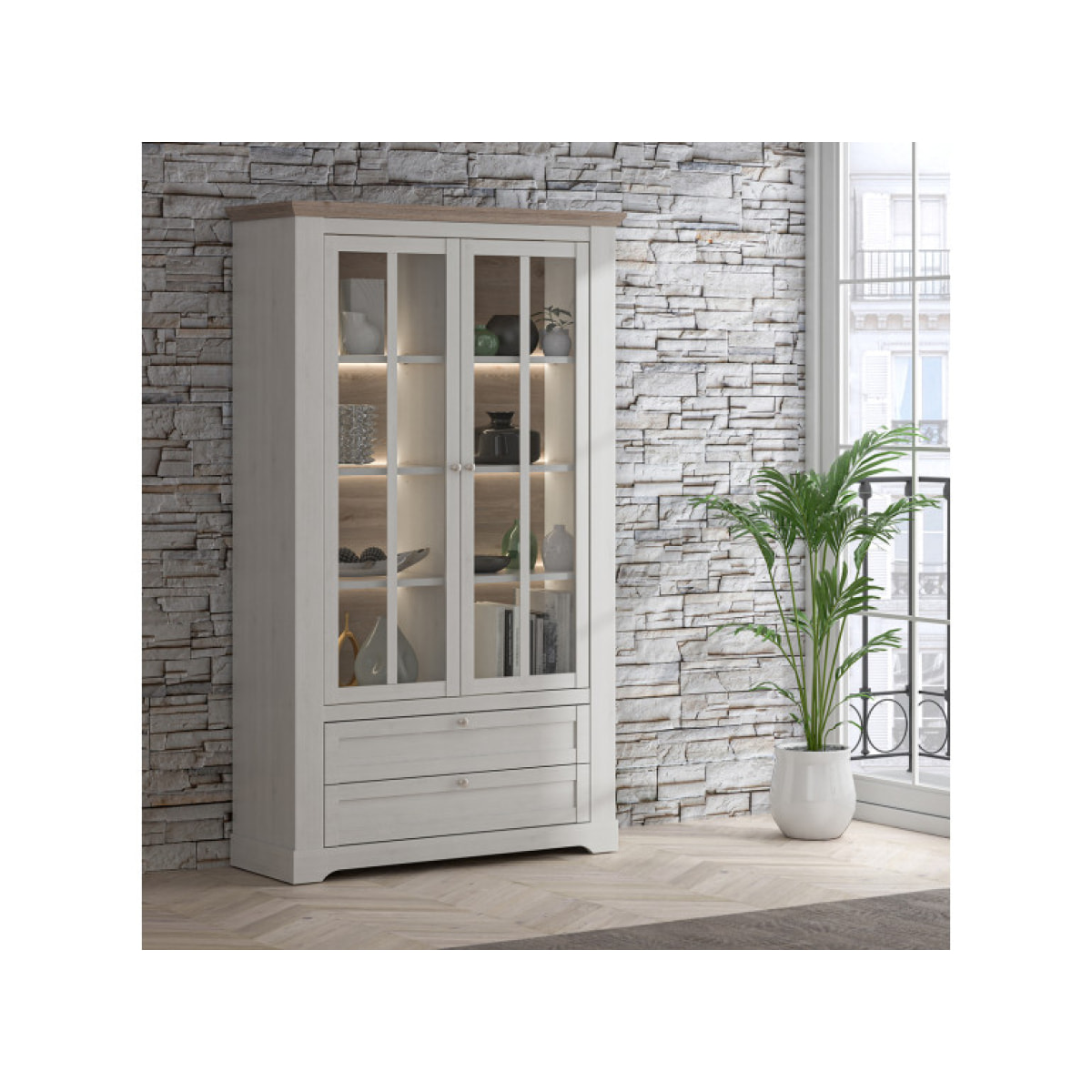 Vitrine 2 portes en bois effet chêne clair blanchi - grand modèle - ILONA