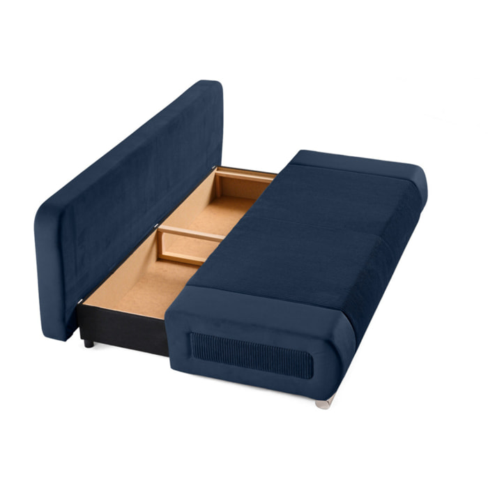 Elio - canapé 3 places convertible - avec coffre - en velours et velours côtelé - Bleu marine