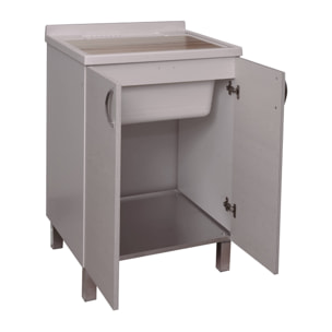 Lavatoio da bagno a due ante battenti con asse in legno, Mobile lavatoio con lavello, Made in Italy, cm 60x50h85, colore Bianco e Olmo