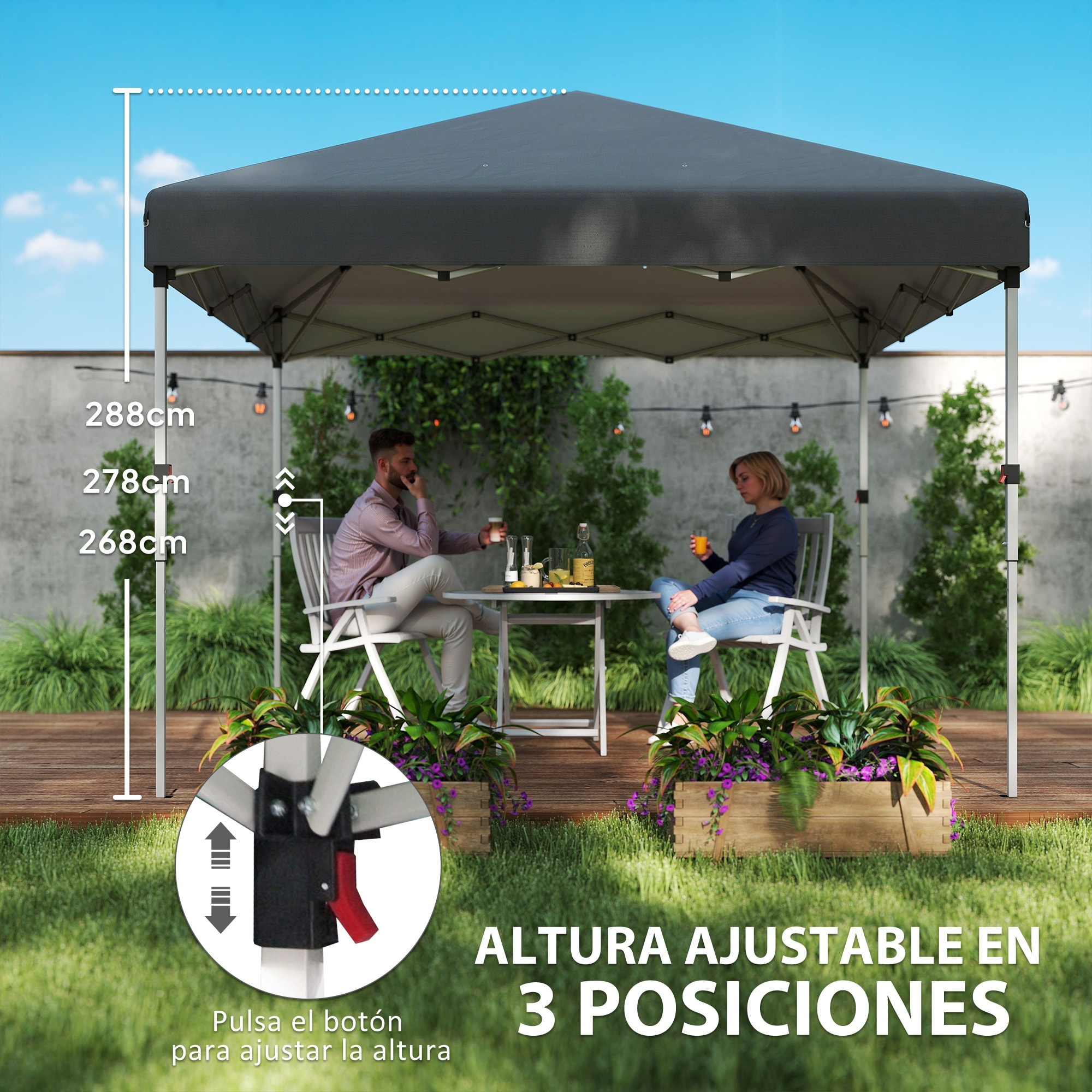 Carpa Plegable Pop-up Gazebo 3x3 m Cenador Plegable con 2 Paredes Laterales Anti-UV Altura Ajustable en 3 Niveles Sacos de Arena y Bolsa de Transporte con Ruedas para Camping Gris Oscuro