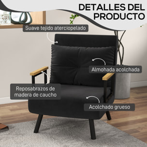 Sofá Cama de 1 Plaza 4 en 1, Sofá Cama Plegable Tapizado en Terciopelo con Respaldo Ajustable de 5 Niveles y Almohada Acolchada, para Oficina, Dormitorio, Salón, 63x73x81 cm, Negro