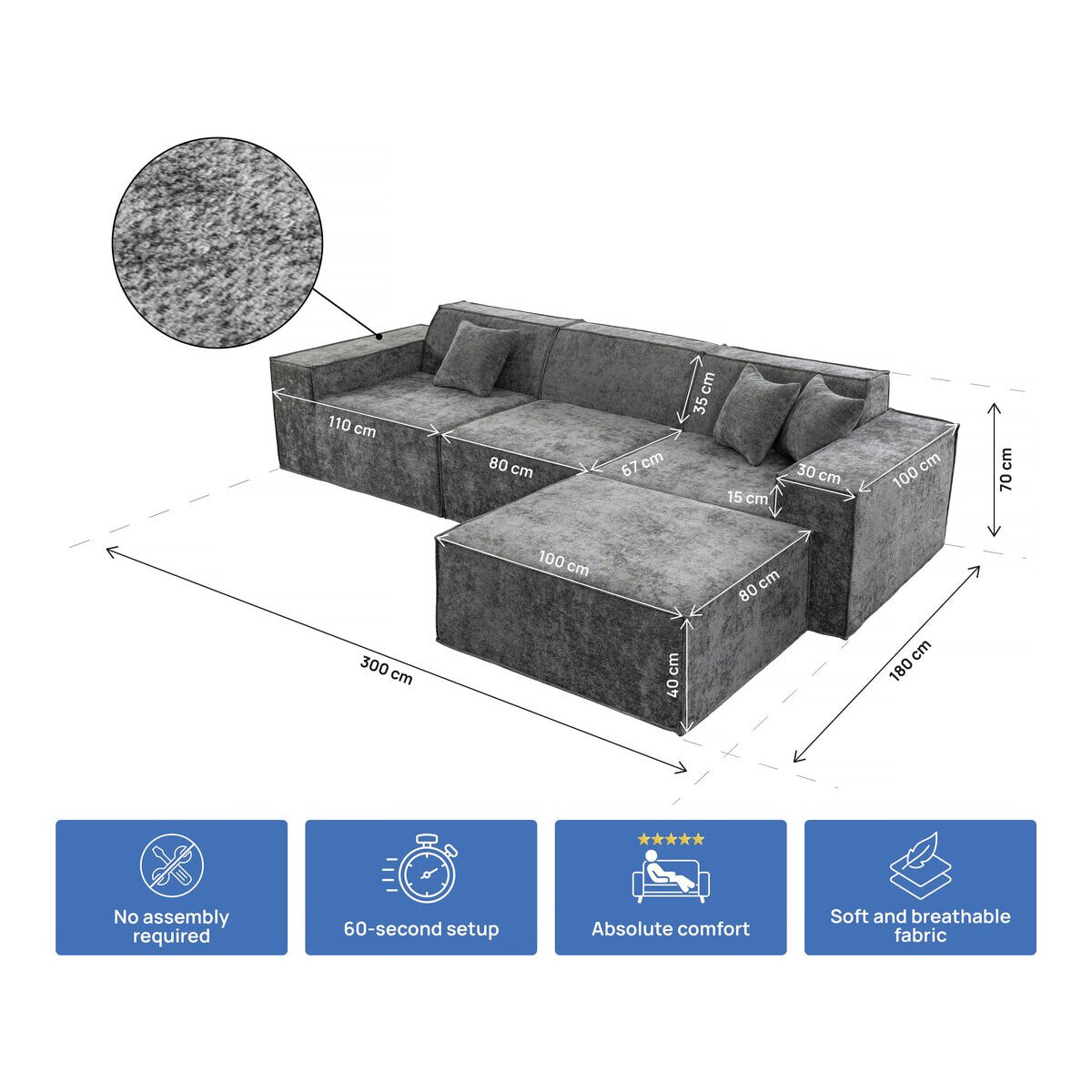 Canapé droit modulable avec ottoman en tissu texturé "Lusso" - 4 places - Gris