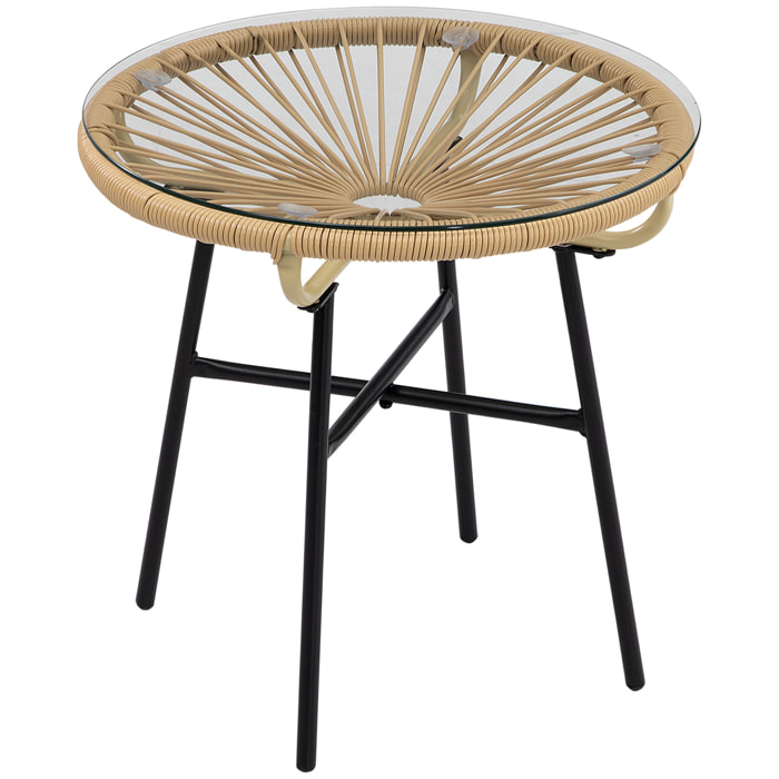 Mesa Auxiliar de Ratán Sintético con Tablero de Vidrio Templado Ø50x50 cm Beige