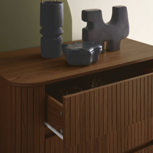 Commode 3 tiroirs. décor strié noyer. L 80x P 45  H 80cm