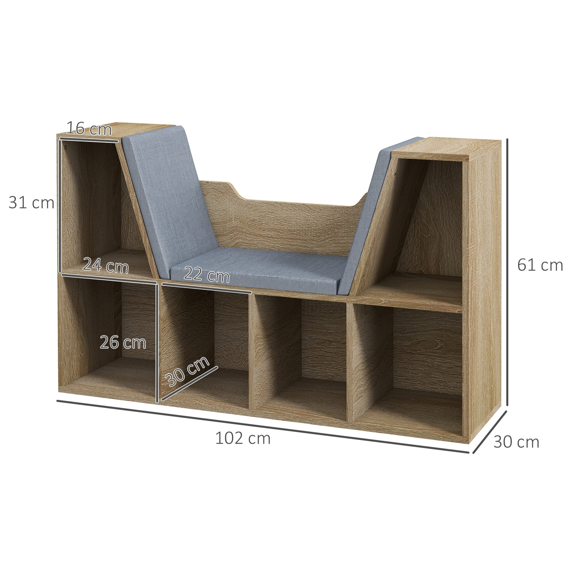 Bibliothèque banc 2 en 1 design contemporain 6 casiers 3 coussins fournis 102L x 30l x 61H cm aspect chêne clair gris