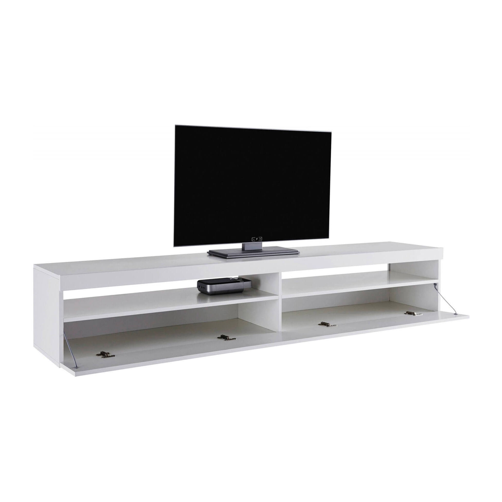 Mobile da soggiorno Porta TV, Made in Italy, Supporto per TV a 1 anta a ribalta e ripiani, cm 200x45h36, colore Bianco lucido