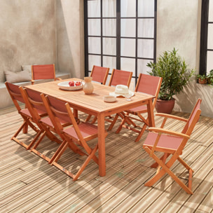 Table de jardin extensible bois d'eucalyptus + 8 assises en bois d'Eucalyptus huilé et textilène terracotta