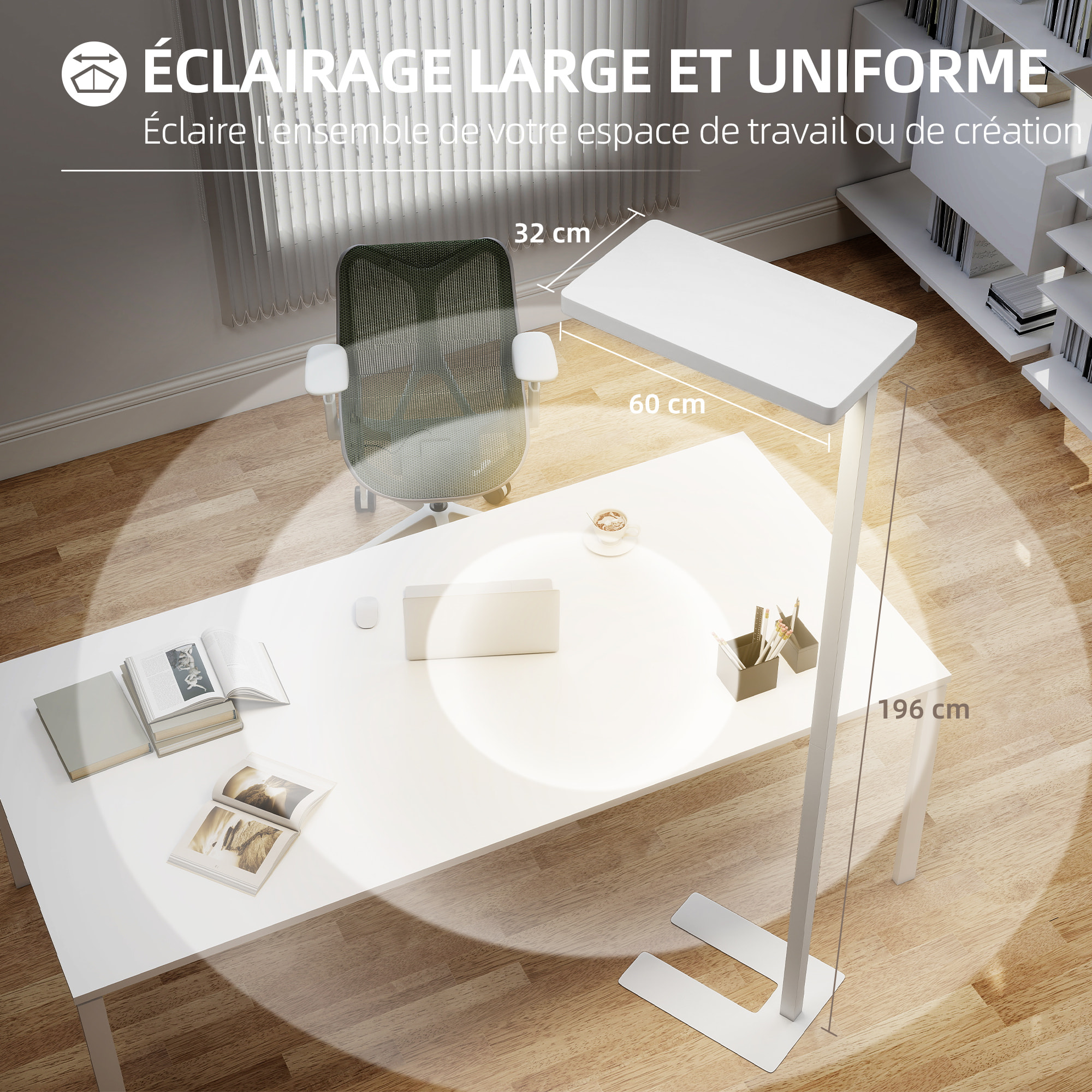 Lampadaire LED dimmable sur pied de bureau 1560LM 40W H.196cm spectre complet réglable télécommande blanc