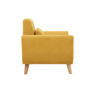 Fauteuil scandinave en tissu effet velours jaune moutarde et bois clair  EKTOR