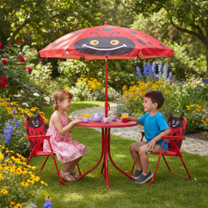 Well Home Conjunto jardín niños 4 piezas (mesa + 2 sillas + paraguas) diseño Mariquita, plegable y ligero