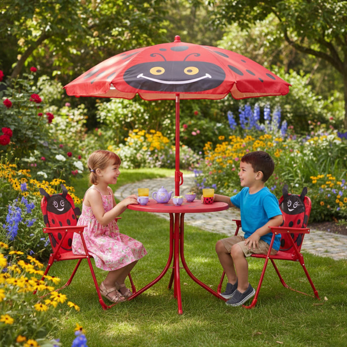 Well Home Conjunto jardín niños 4 piezas (mesa + 2 sillas + paraguas) diseño Mariquita, plegable y ligero