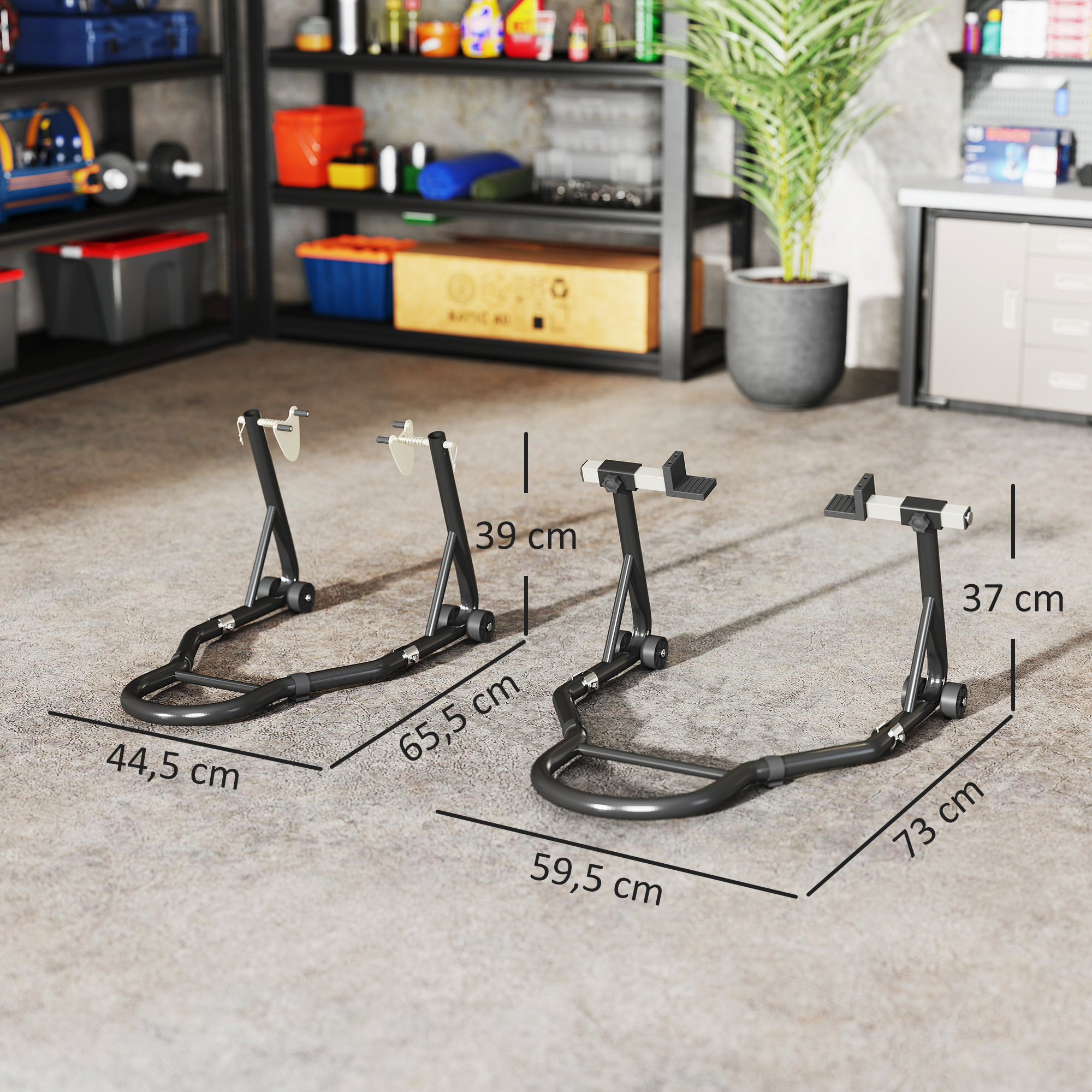 Caballete de Moto, Carga 390 kg, Soporte Delantero y Trasero Universal, Elevador de Moto de Acero con Horquillas Ajustables en U+L, Ruedas y Clips de Sujeción, Negro
