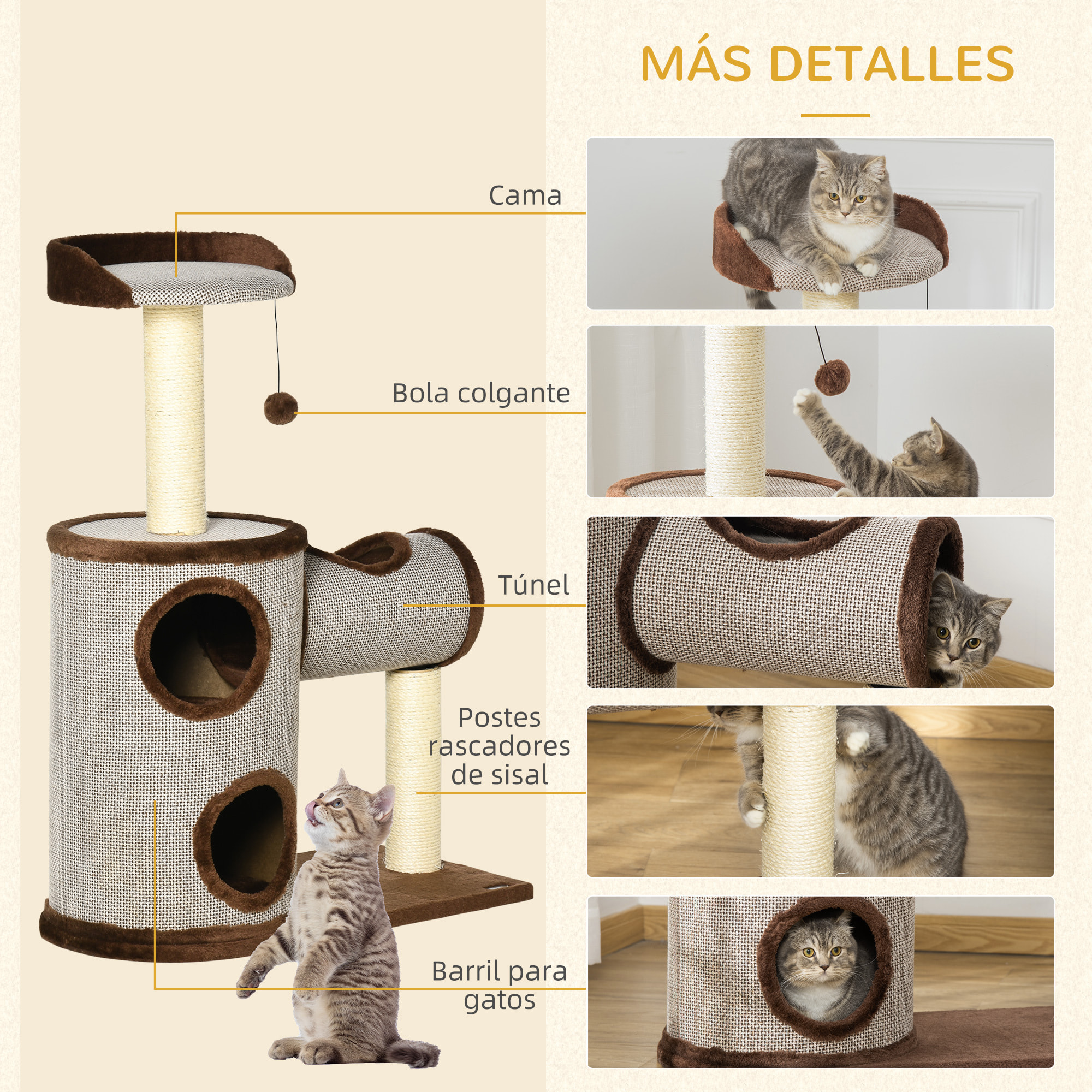 árbol Rascador para Gatos Mediano Altura 104 cm Torre Escalador de Gato con Barril Rascador Cama Superior Túnel Postes de Sisal y Bola Colgante 75x39x104 cm Marrón
