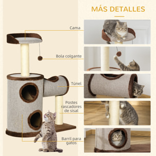 árbol Rascador para Gatos Mediano Altura 104 cm Torre Escalador de Gato con Barril Rascador Cama Superior Túnel Postes de Sisal y Bola Colgante 75x39x104 cm Marrón