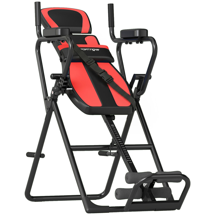 Tabla de Inversión Plegable 3 en 1 con Dominadas y Flexiones Reposacabezas Altura Ajustable 155-198 cm Ángulos 20° 40° 60° Banco de Inversión con Soporte Lumbar Tobillo Bloqueo Cinturón Rojo