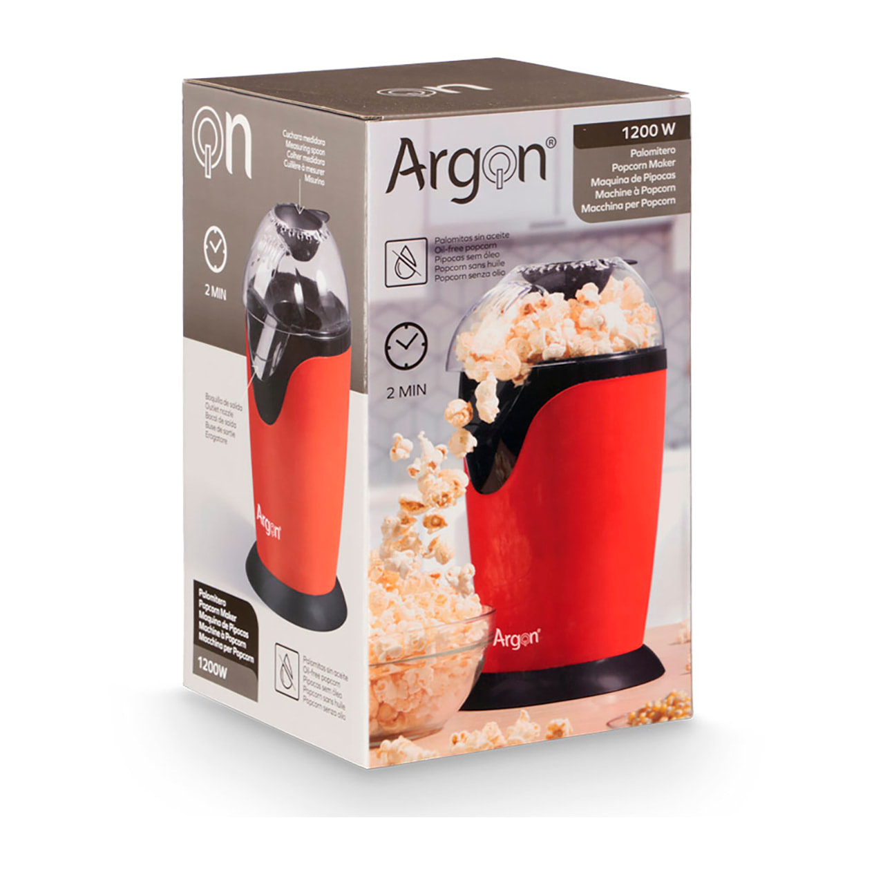 Macchina per popcorn nera e rossa con 1200W di potenza.