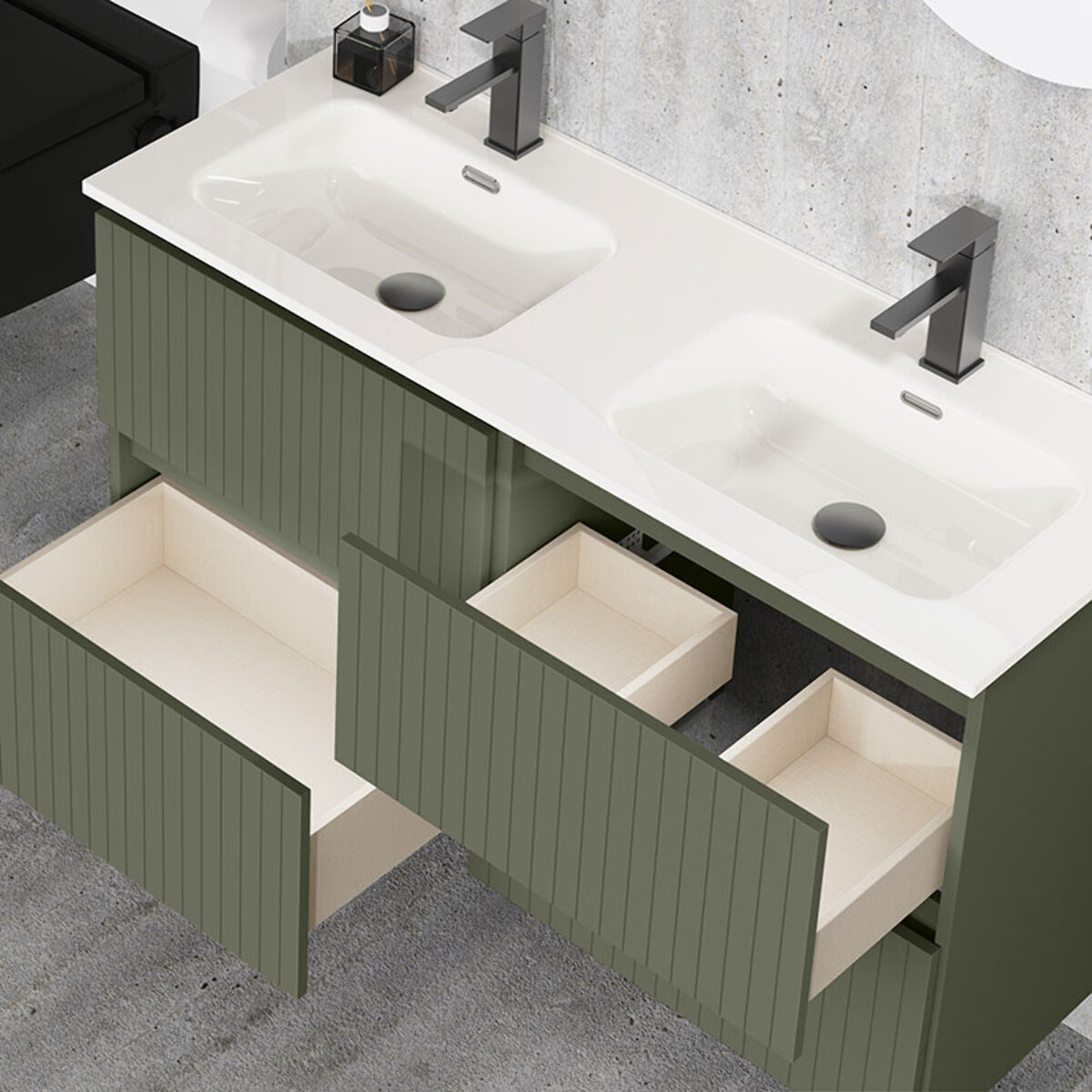Conjunto de Baño Miya | Mueble de Baño Suspendido | 120 cm Verde Musgo| Cuatro Cajones | Lavabo Encastrado | No incluye Espejo | Alday