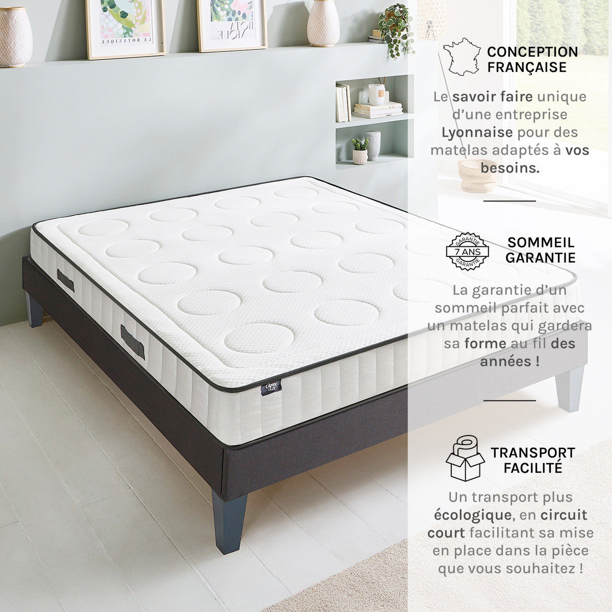 Ensemble Matelas Cristal & Sommier Kit15, 18 cm, Mémoire de Forme, Technologie Tri-Lattes, Soutien Ferme