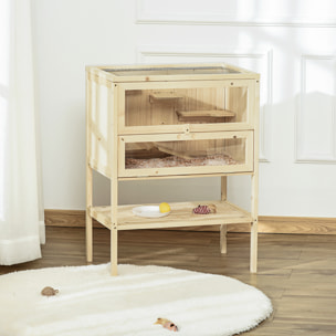 Cage hamster en bois sur pieds - étagère, plateformes, rampe - toit ouvrant, trappe nourrissage